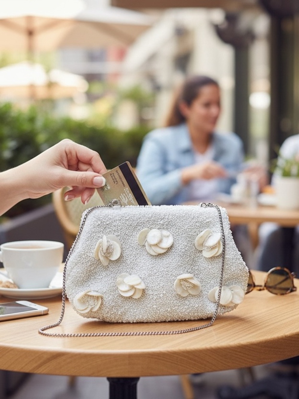 Cream beaded Floral Appliqué Crossbody Bag with Chain Strap